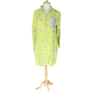 NT By Amati Linen Lime Green Stars Sequins Silver Print Dress Size Large